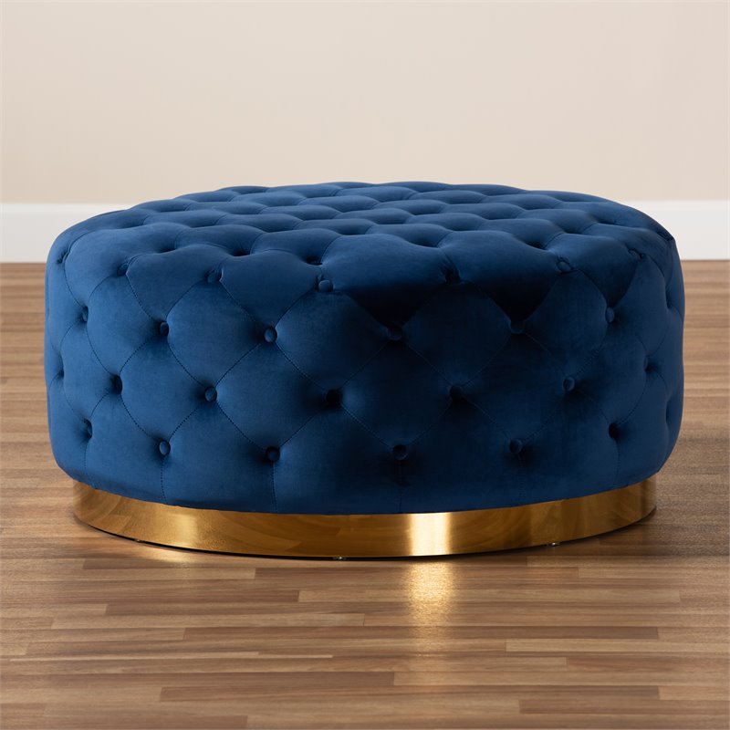 Bowery Hill Royal Blue Velvet Upholstered Gold Finished Cocktail Ottoman