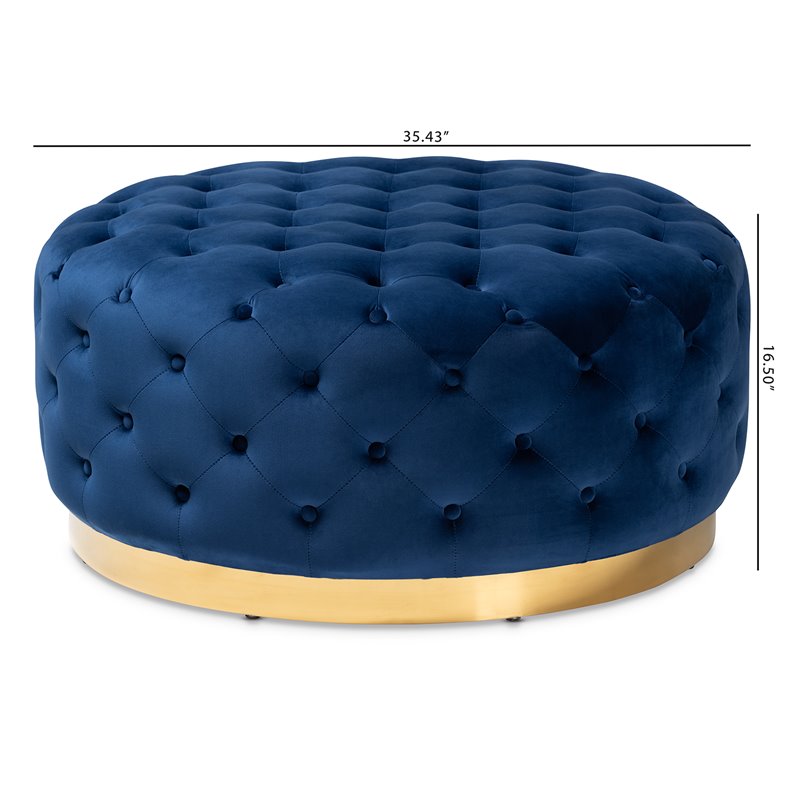 Bowery Hill Royal Blue Velvet Upholstered Gold Finished Cocktail Ottoman