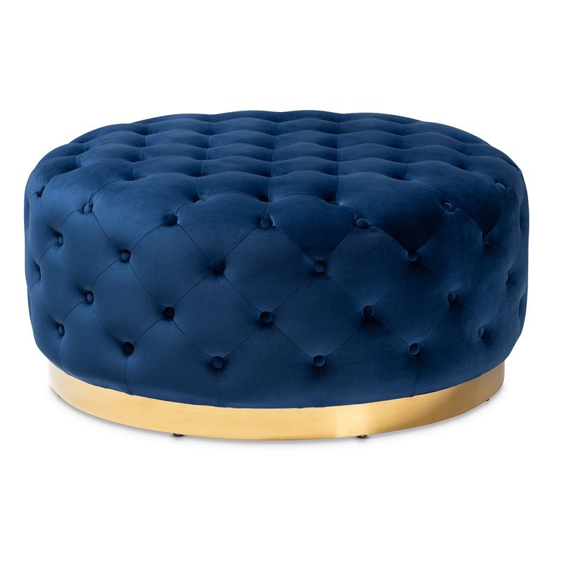 Bowery Hill Royal Blue Velvet Upholstered Gold Finished Cocktail Ottoman