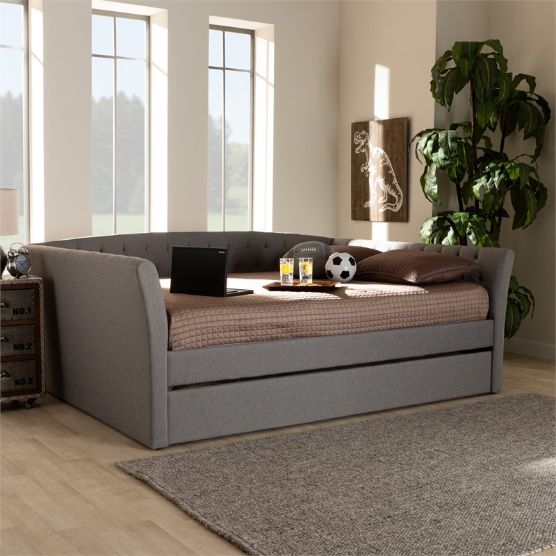 Bowery Hill Full Size Light Grey Upholstered Daybed with Trundle