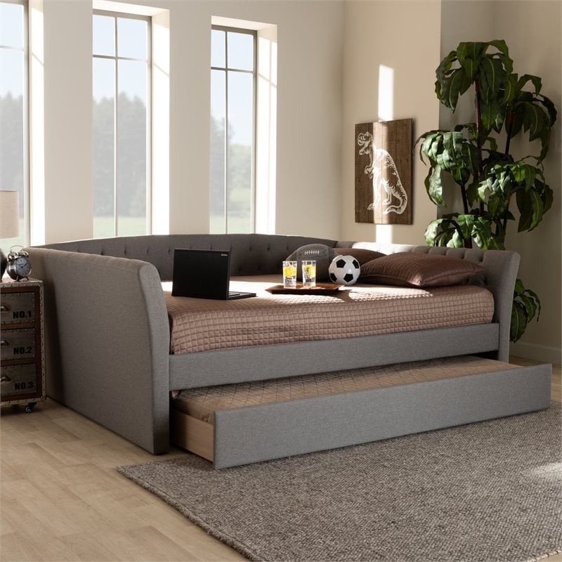 Bowery Hill Full Size Light Grey Upholstered Daybed with Trundle
