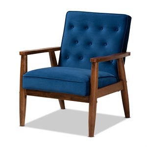 bowery hill navy blue velvet upholstered wood lounge chair