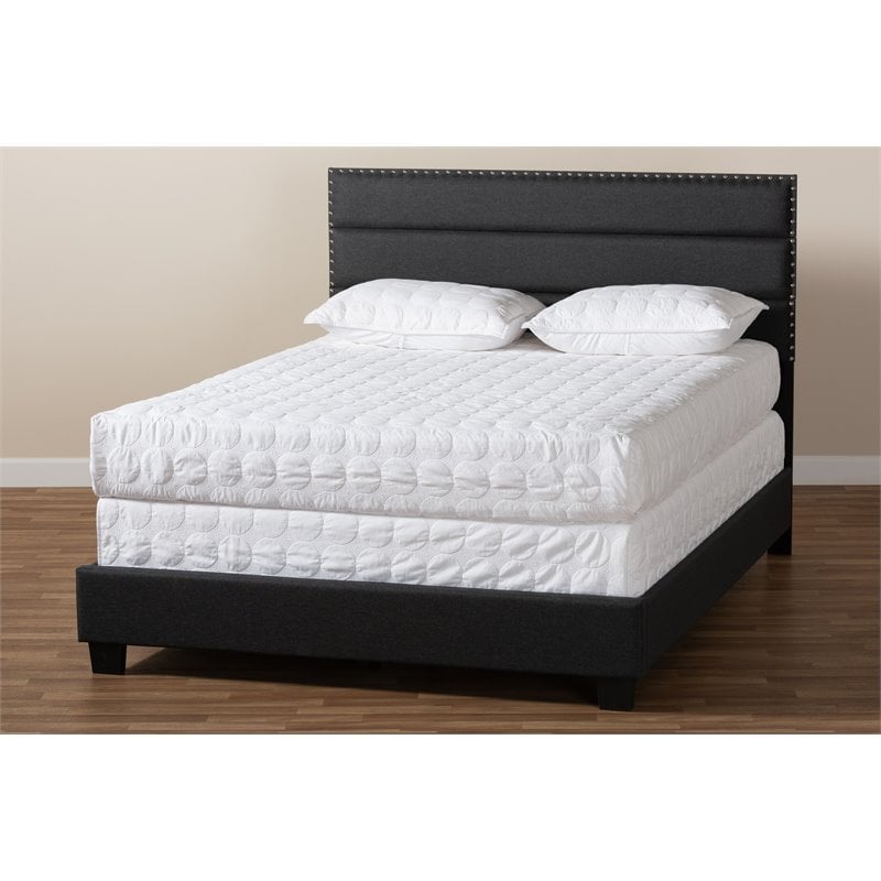 Bowery Hill Modern Fabric Upholstered Nail Head Trim Queen Size Bed in Dark Gray