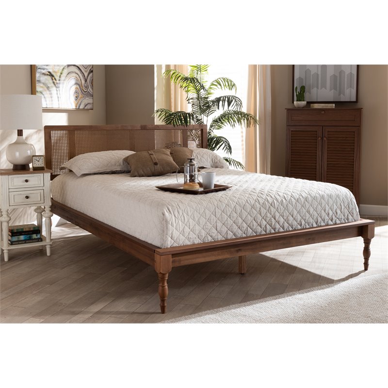 Bowery Hill Traditional Wood/Rattan Queen Size Platform Bed in Ash Brown