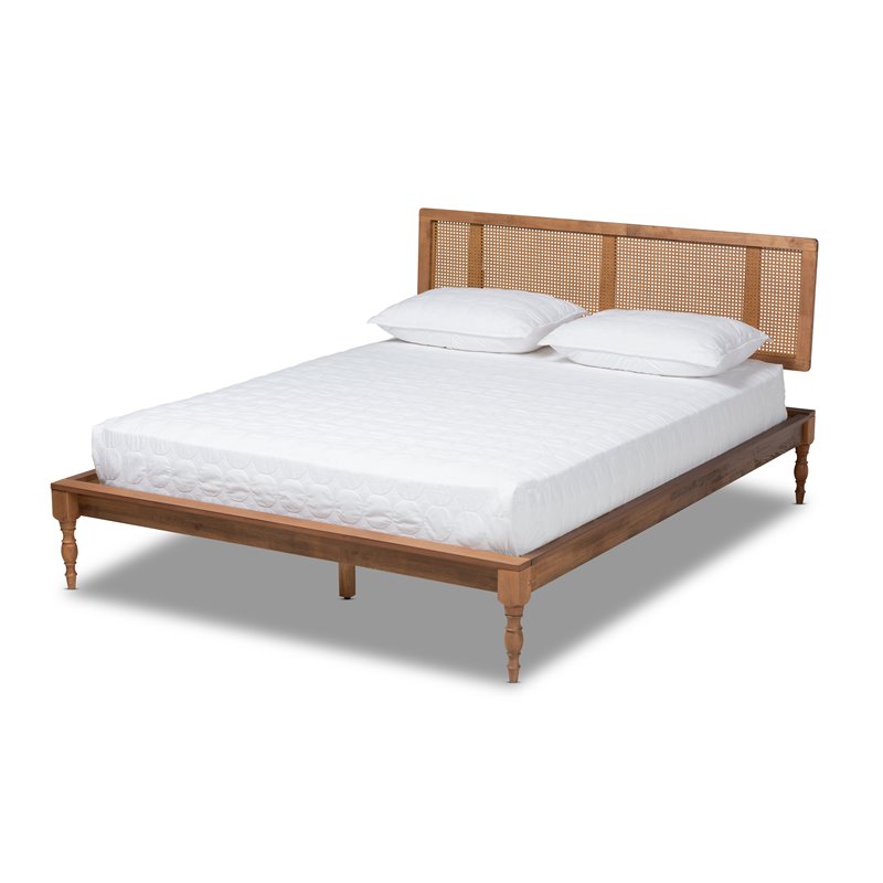 Bowery Hill Traditional Wood/Rattan Queen Size Platform Bed in Ash Brown