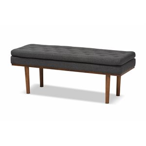 bowery hill dark gray fabric upholstered brown finished bench