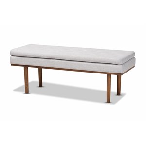 bowery hill grayish beige upholstered brown finished bench