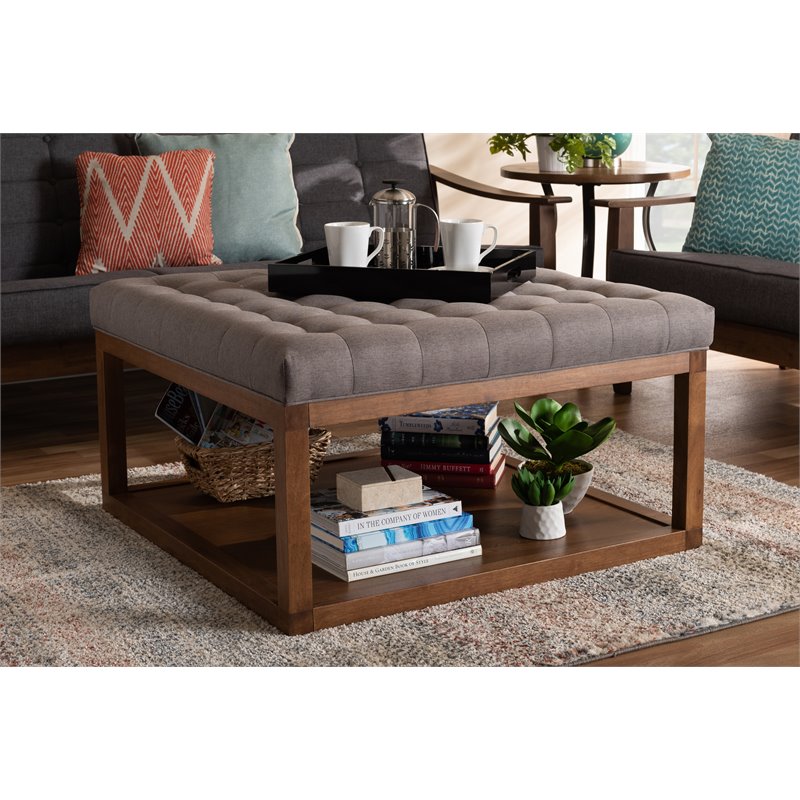 Bowery Hill Gray Fabric Upholstered Brown Finished Ottoman