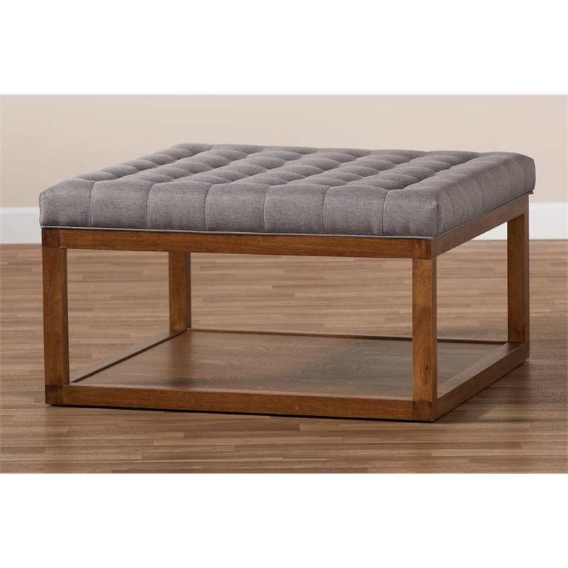 Bowery Hill Gray Fabric Upholstered Brown Finished Ottoman