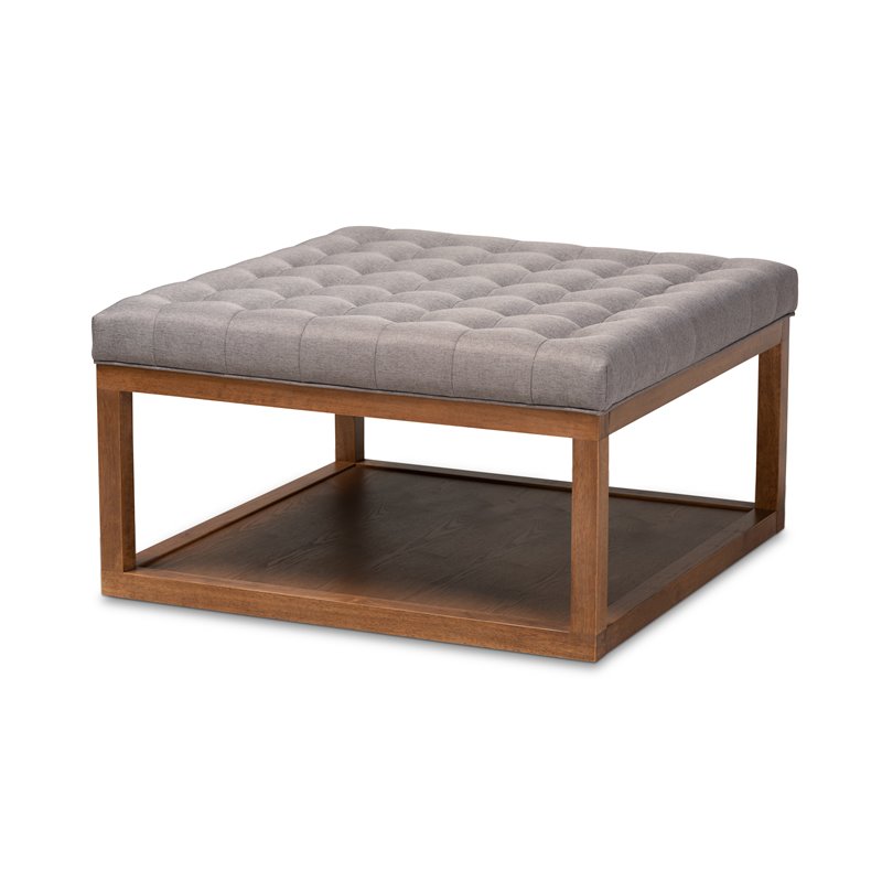 Bowery Hill Gray Fabric Upholstered Brown Finished Ottoman