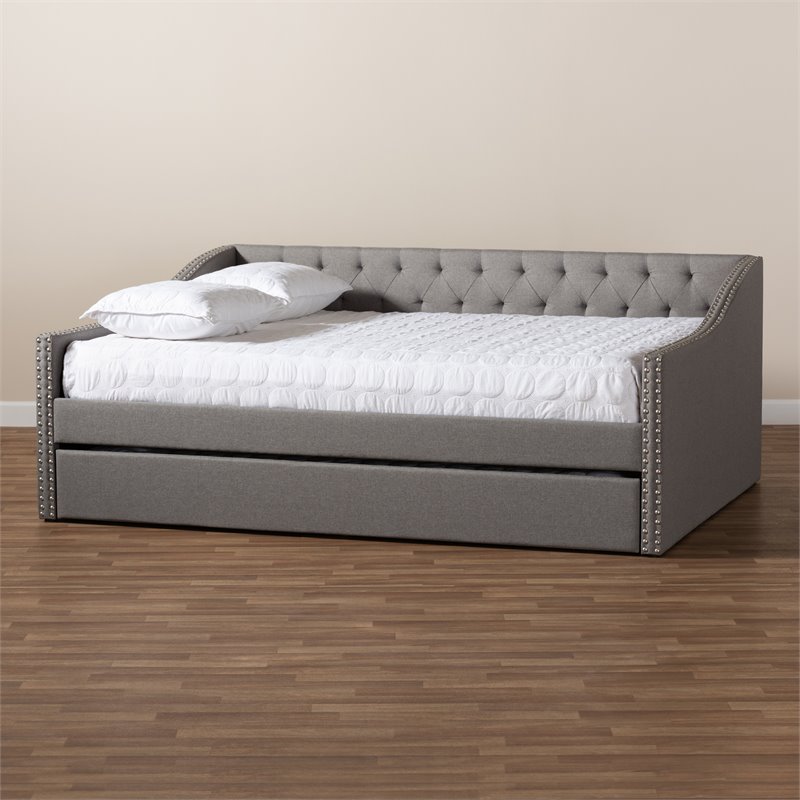 Bowery Hill Queen Size Light Grey Upholstered Daybed with Trundle