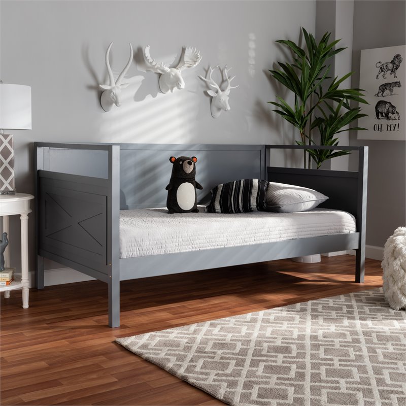 Bowery Hill Traditional Wood Twin Size Daybed with Inset Detailing in Gray