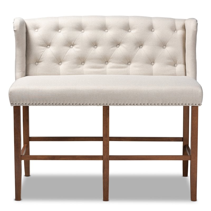 Bowery Hill Beige Upholstered Walnut Finished Bar Stool Bench