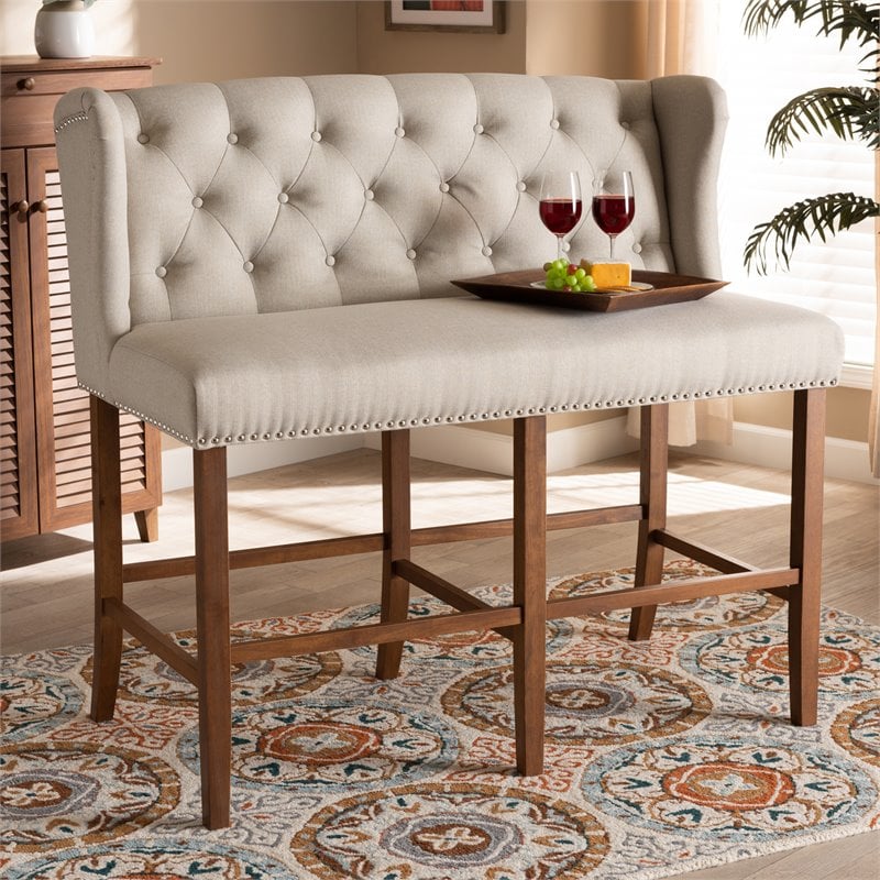 Bowery Hill Beige Upholstered Walnut Finished Bar Stool Bench