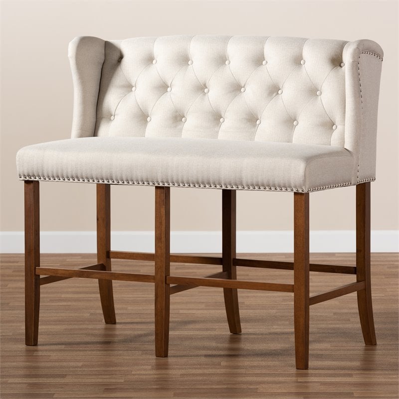 Bowery Hill Beige Upholstered Walnut Finished Bar Stool Bench