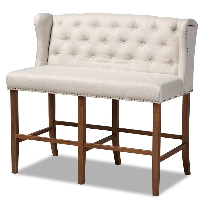 Bowery Hill Beige Upholstered Walnut Finished Bar Stool Bench