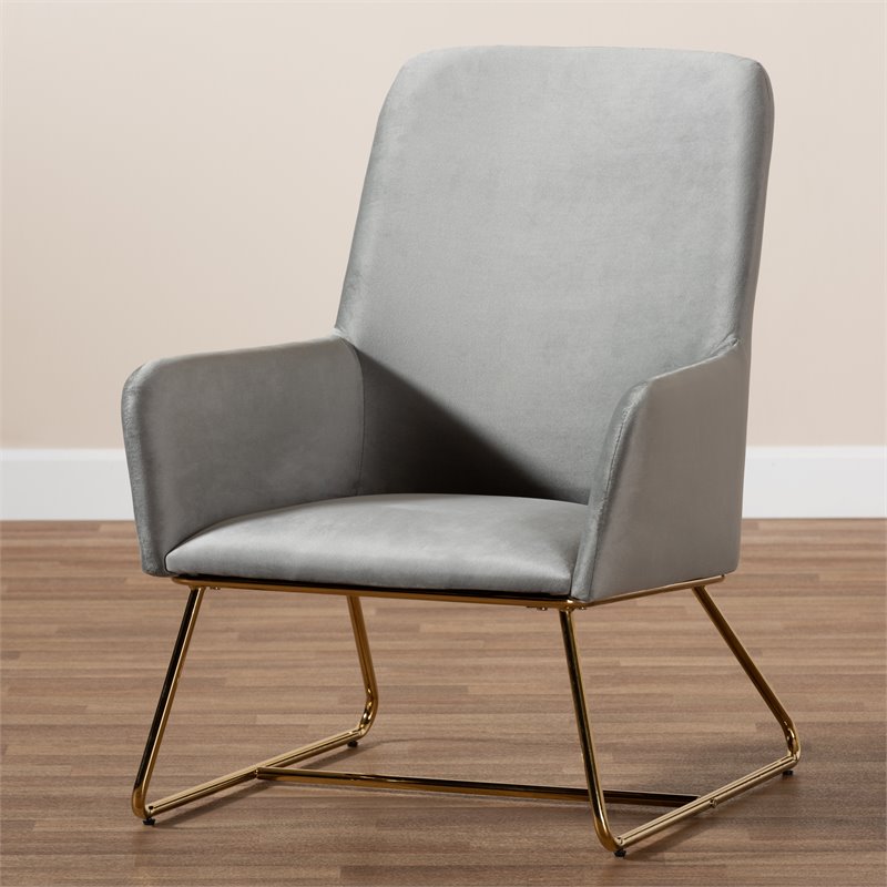 Bowery Hill Contemporary Grey Velvet Upholstered Gold Finished Armchair