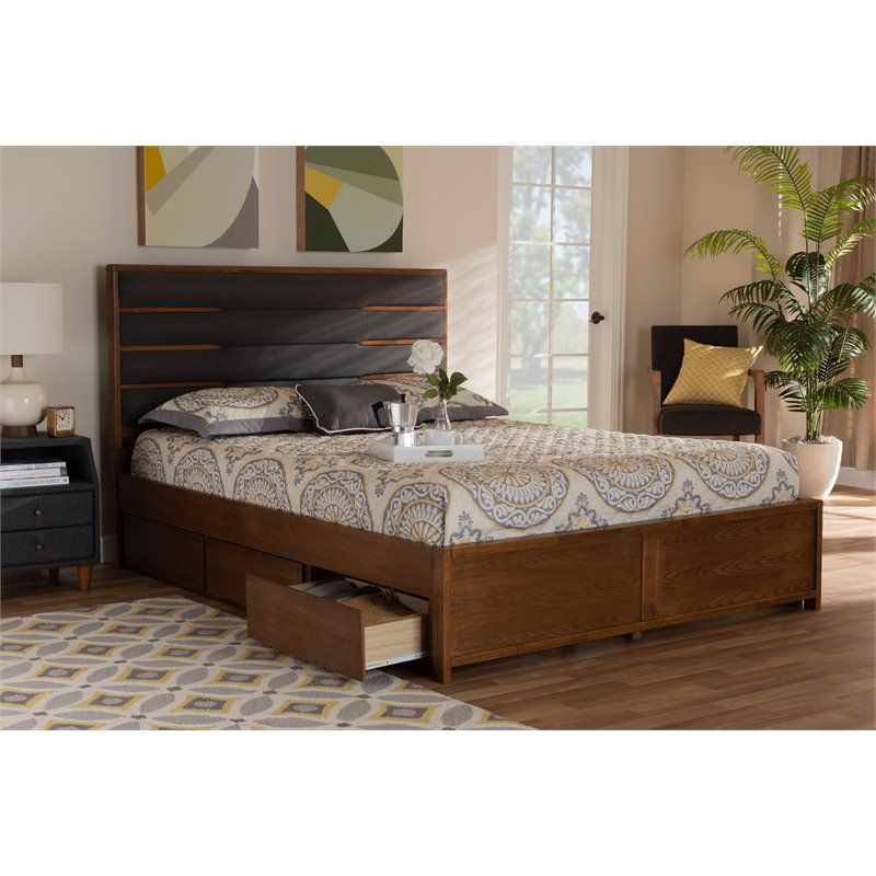 Bowery Hill Queen Dark Gray Upholstered Brown Platform Bed