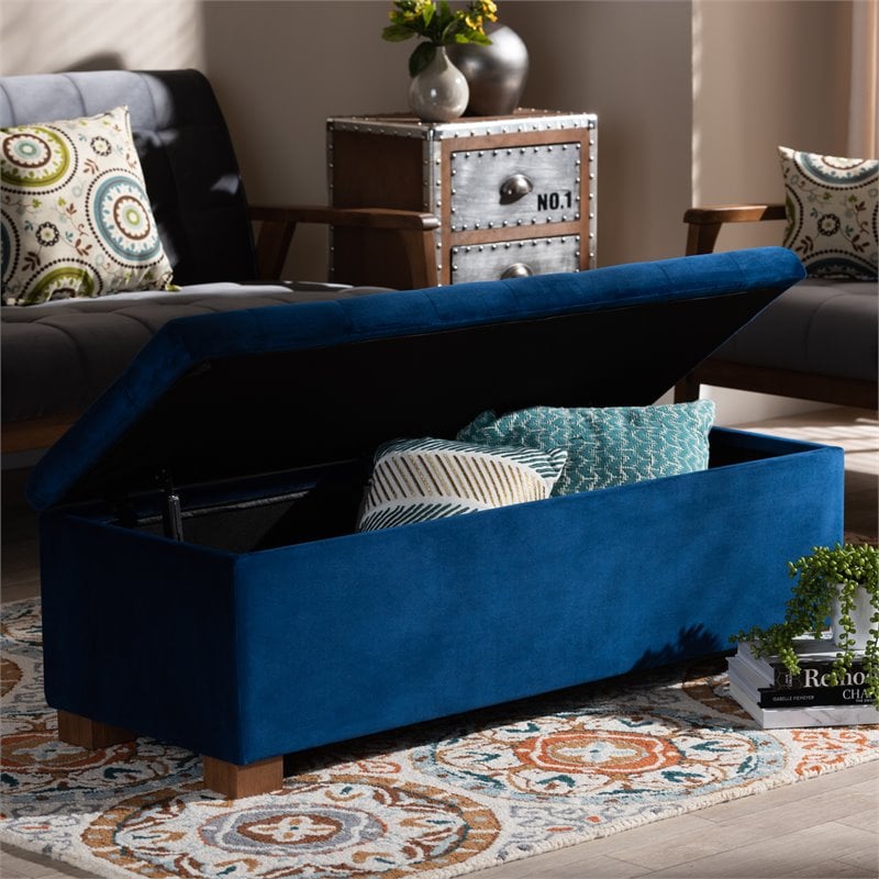 Bowery Hill Navy Blue Velvet Upholstered Storage Ottoman Bench
