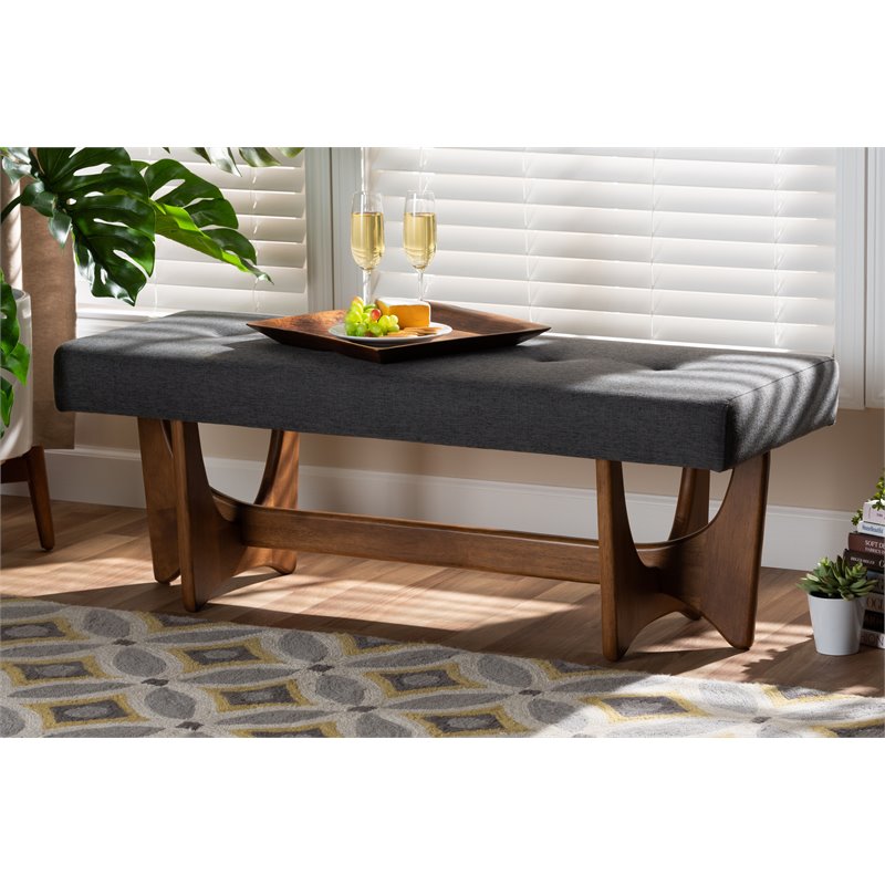 Bowery Hill Dark Gray Fabric Upholstered Brown Finished Bench