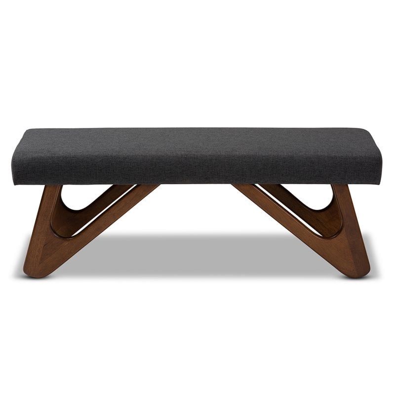 Bowery Hill Dark Grey Upholstered Walnut Brown Boomerang Bench