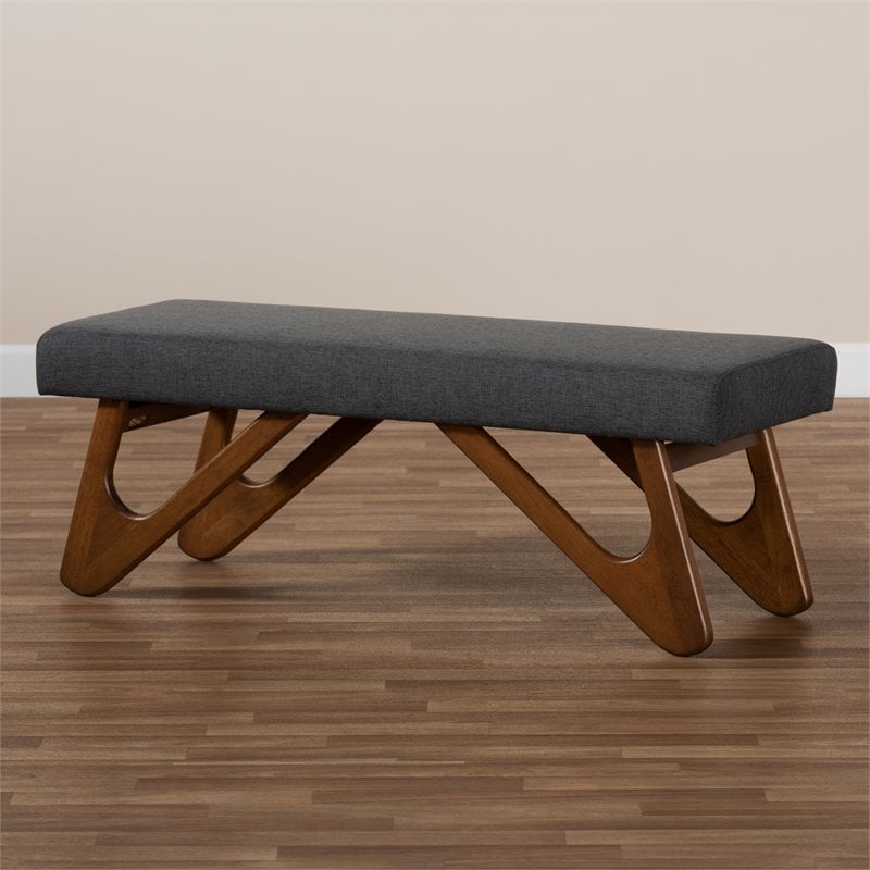 Bowery Hill Dark Grey Upholstered Walnut Brown Boomerang Bench