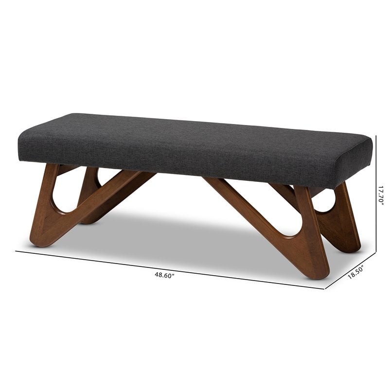 Bowery Hill Dark Grey Upholstered Walnut Brown Boomerang Bench