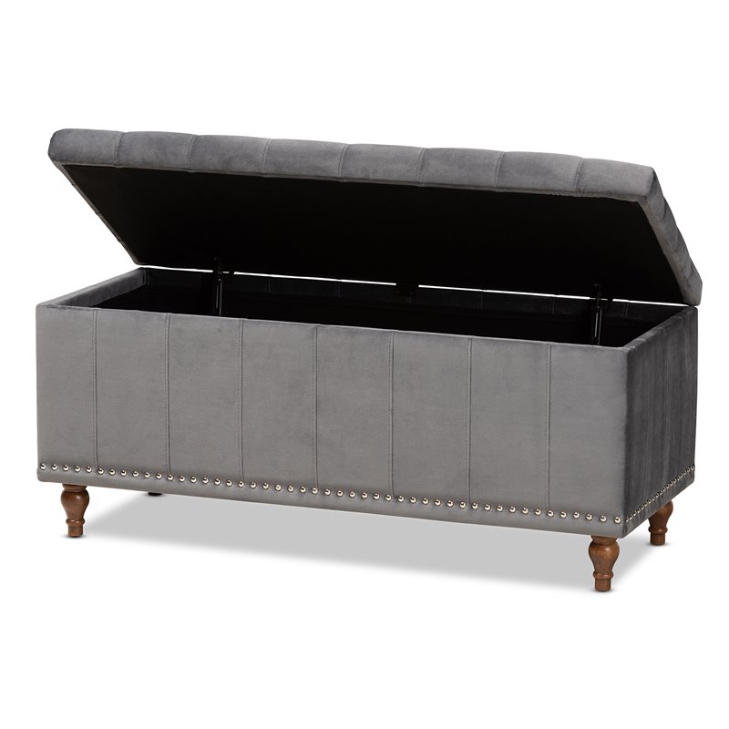 Bowery Hill Grey Velvet Upholstered Storage Ottoman Bench