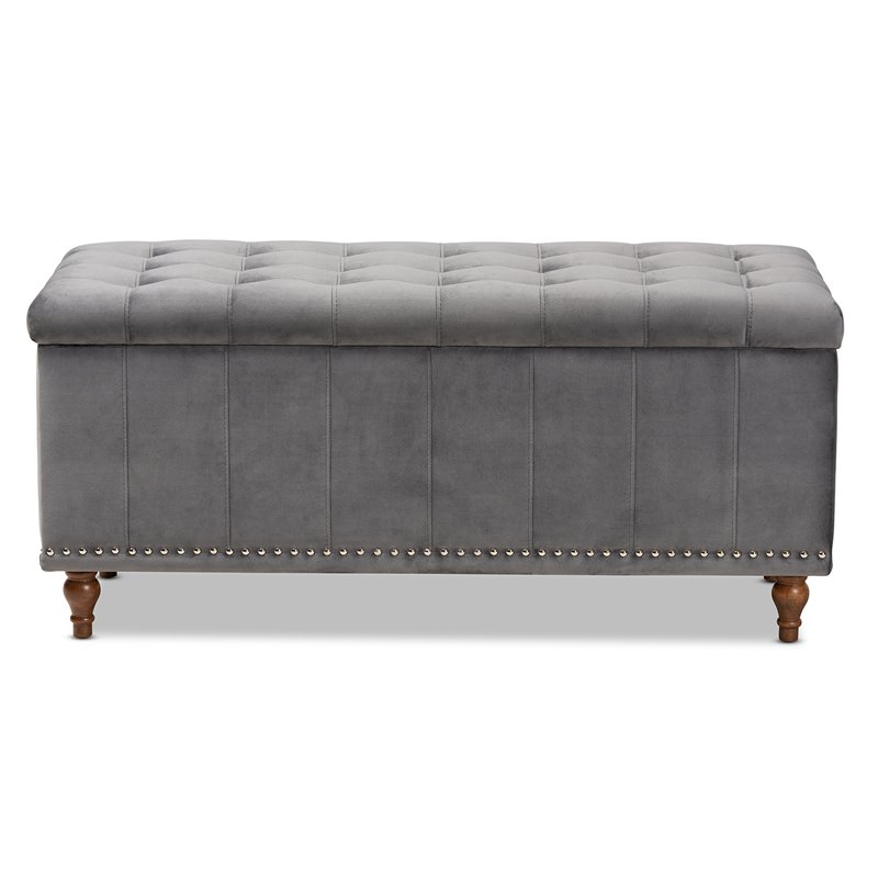 Bowery Hill Grey Velvet Upholstered Storage Ottoman Bench