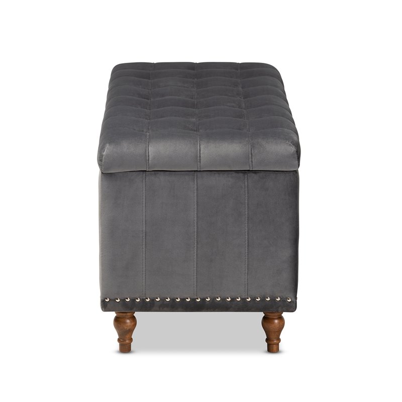 Bowery Hill Grey Velvet Upholstered Storage Ottoman Bench