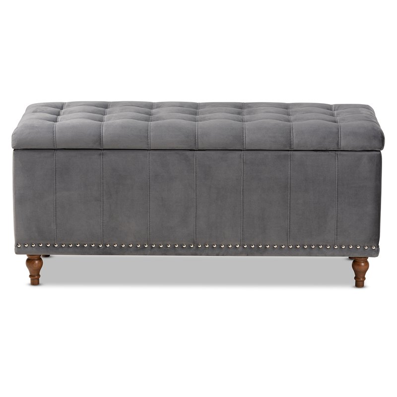 Bowery Hill Grey Velvet Upholstered Storage Ottoman Bench