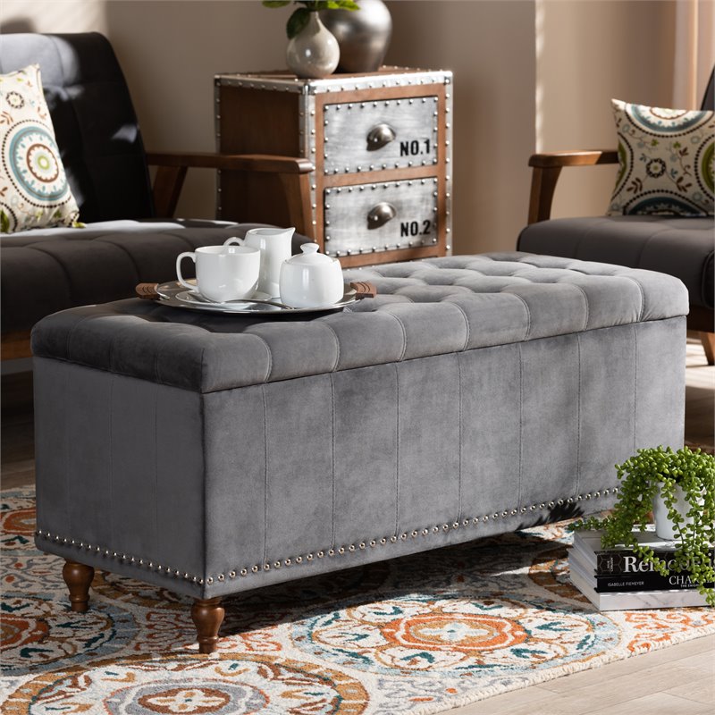Bowery Hill Grey Velvet Upholstered Storage Ottoman Bench