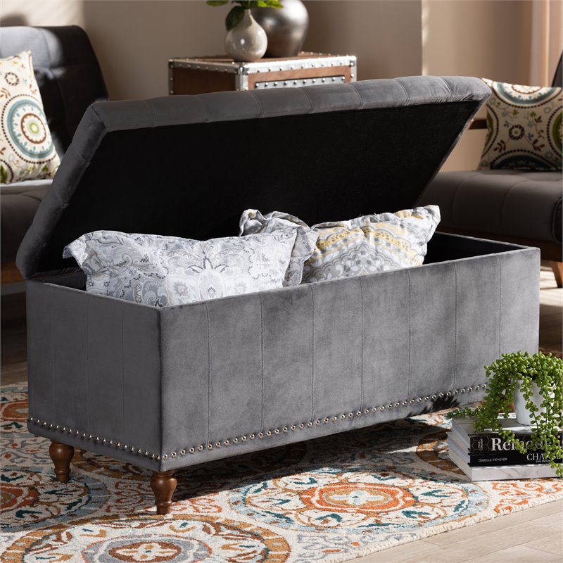 Bowery Hill Grey Velvet Upholstered Storage Ottoman Bench