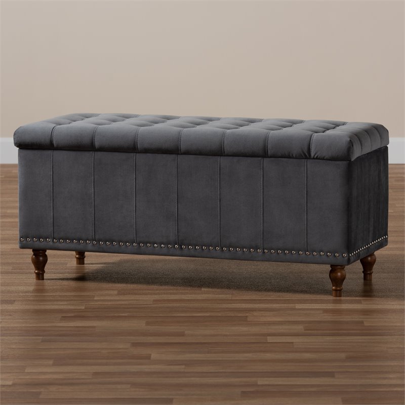 Bowery Hill Grey Velvet Upholstered Storage Ottoman Bench