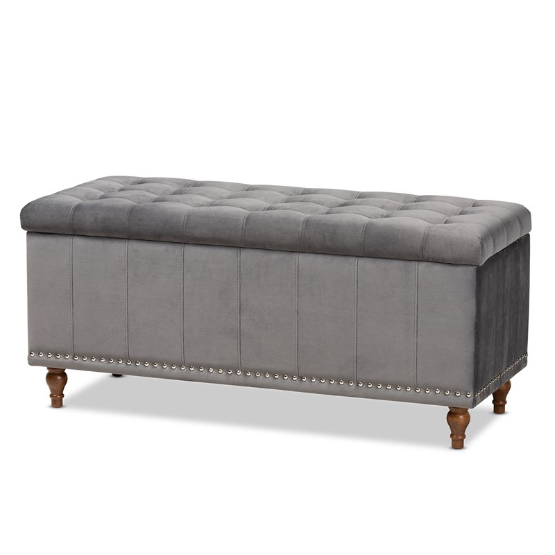 Bowery Hill Grey Velvet Upholstered Storage Ottoman Bench