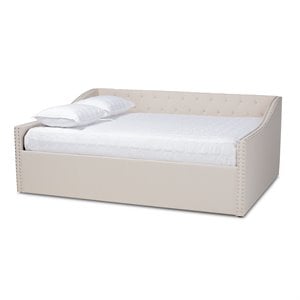 Bowery Hill Modern Fabric Queen Size Daybed with Silver Nail head Trim in Beige