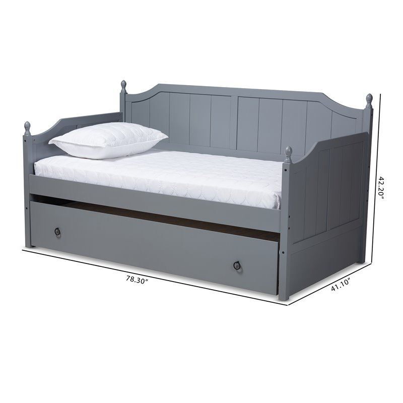 Bowery Hill Farmhouse Wood Twin Daybed with Trundle and Metal Ring Pulls in Gray