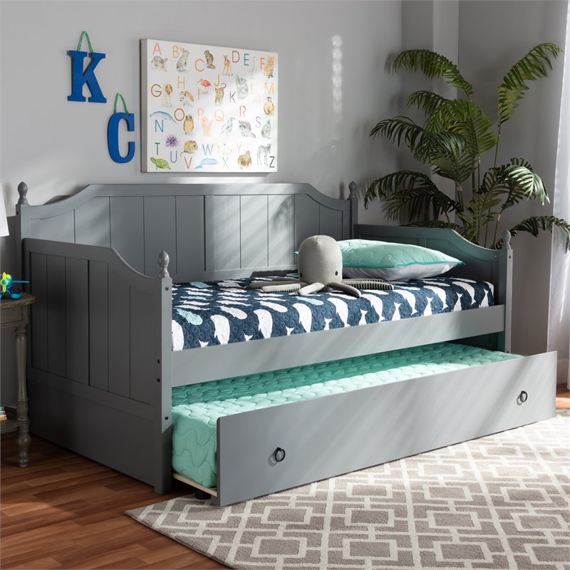 Bowery Hill Farmhouse Wood Twin Daybed with Trundle and Metal Ring Pulls in Gray