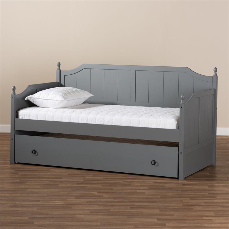Bowery Hill Farmhouse Wood Twin Daybed with Trundle and Metal Ring Pulls in Gray