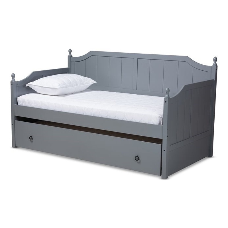 Bowery Hill Farmhouse Wood Twin Daybed with Trundle and Metal Ring Pulls in Gray