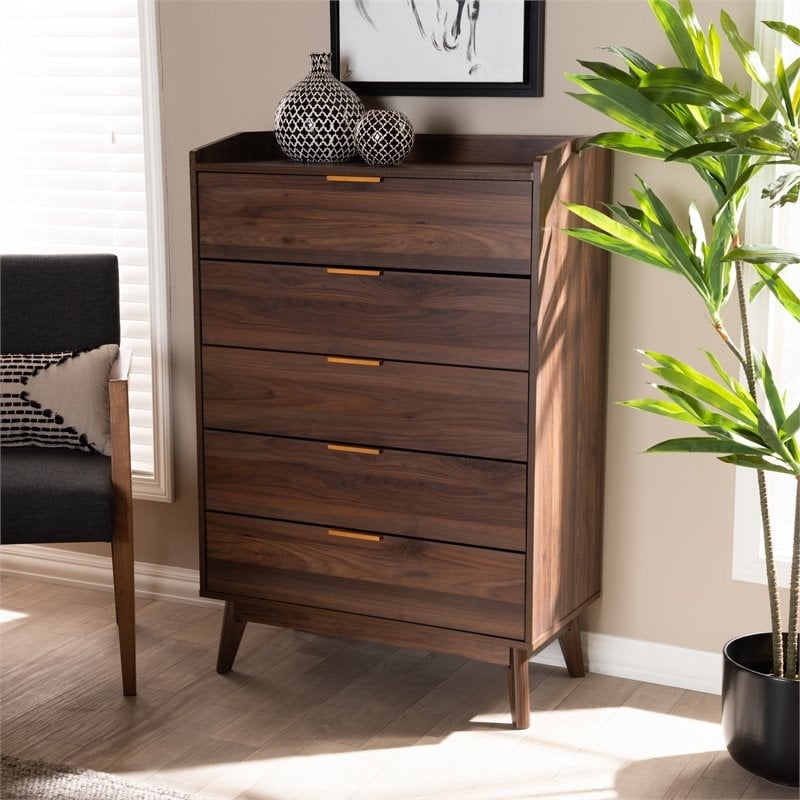 Bowery Hill Mid-Century 5-Drawer Engineered Wood Chest in Walnut Brown