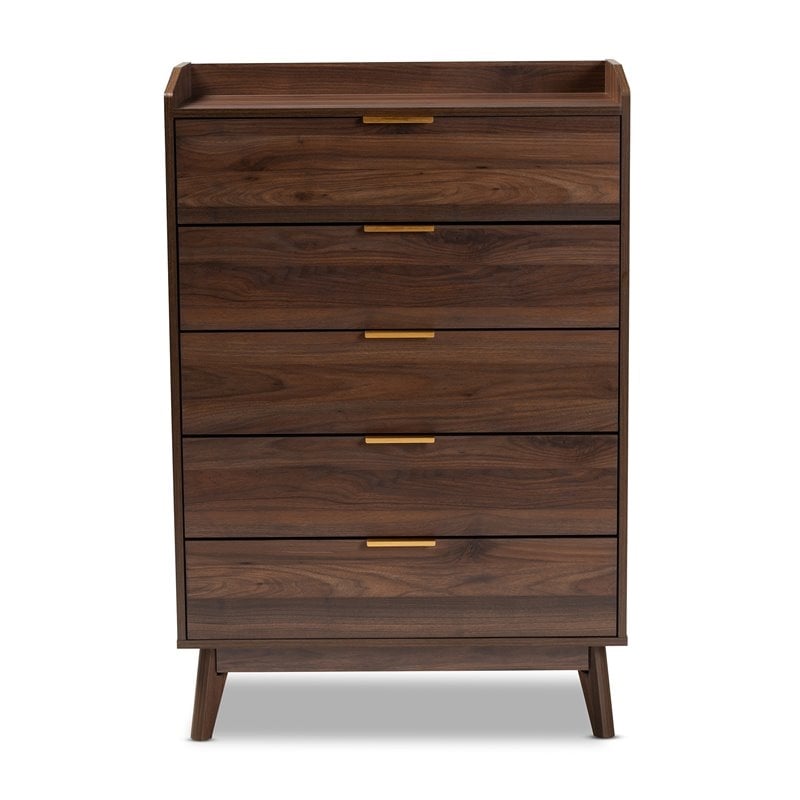 Bowery Hill Mid-Century 5-Drawer Engineered Wood Chest in Walnut Brown