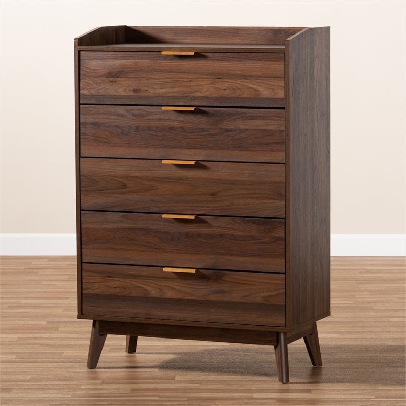 Bowery Hill Mid-Century 5-Drawer Engineered Wood Chest in Walnut Brown