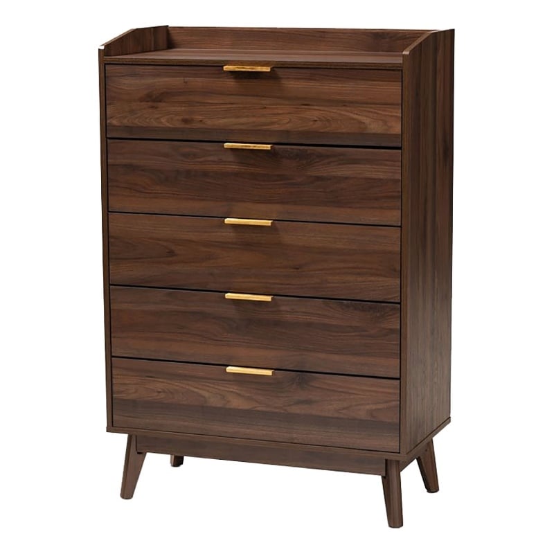 Bowery Hill Mid-Century 5-Drawer Engineered Wood Chest in Walnut Brown