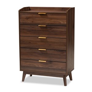 bowery hill walnut brown finished 5-drawer wood chest