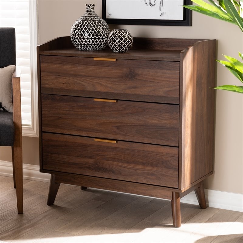 Bowery Hill Mid-Century 3-Drawer Engineered Wood Chest in Walnut Brown