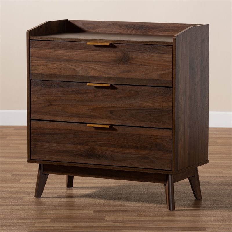 Bowery Hill Mid-Century 3-Drawer Engineered Wood Chest in Walnut Brown