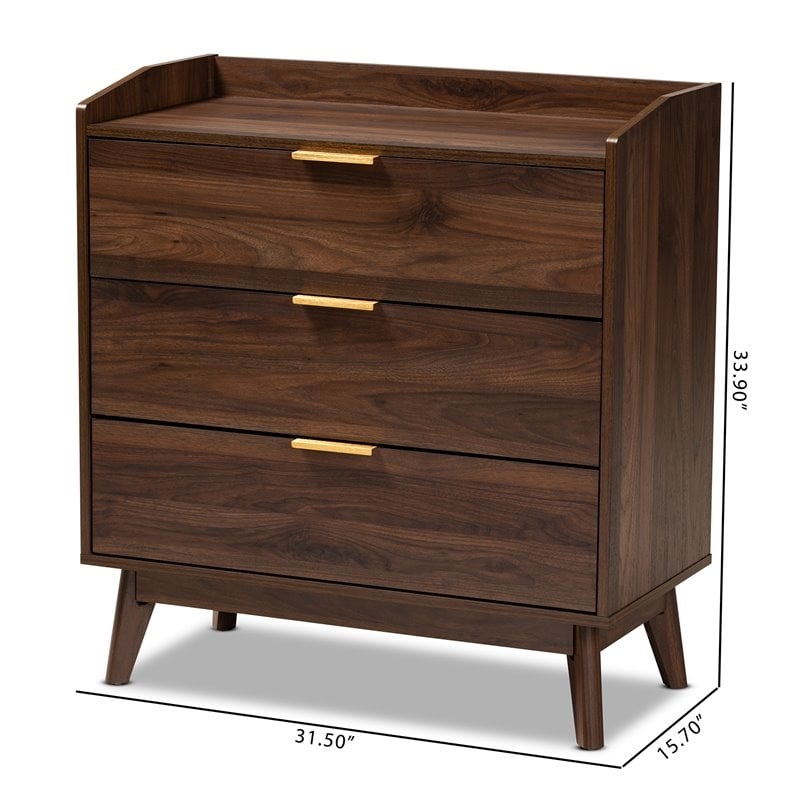 Bowery Hill Mid-Century 3-Drawer Engineered Wood Chest in Walnut Brown