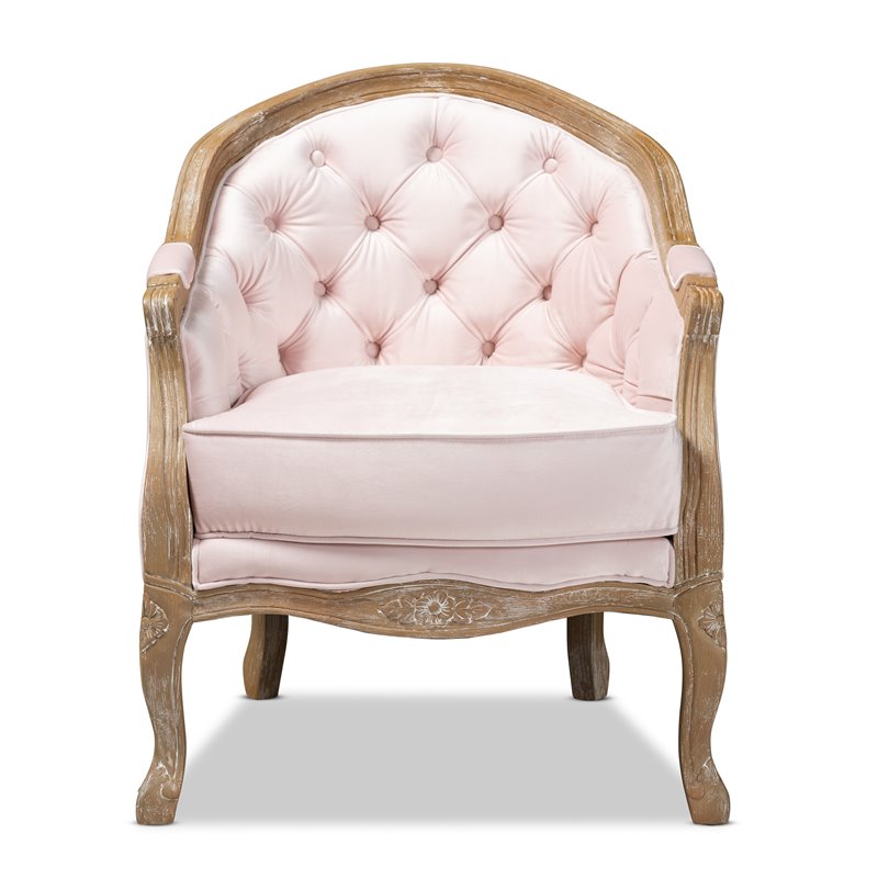 Bowery Hill Light Pink Velvet White-Washed Oak Armchair