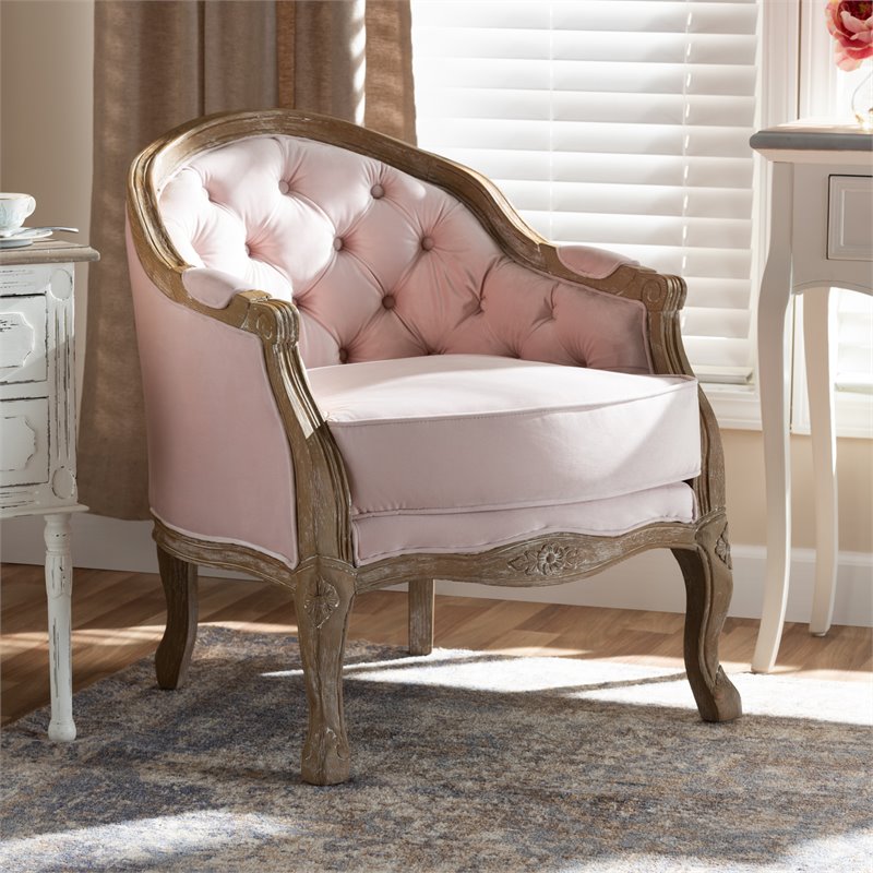 Bowery Hill Light Pink Velvet White-Washed Oak Armchair